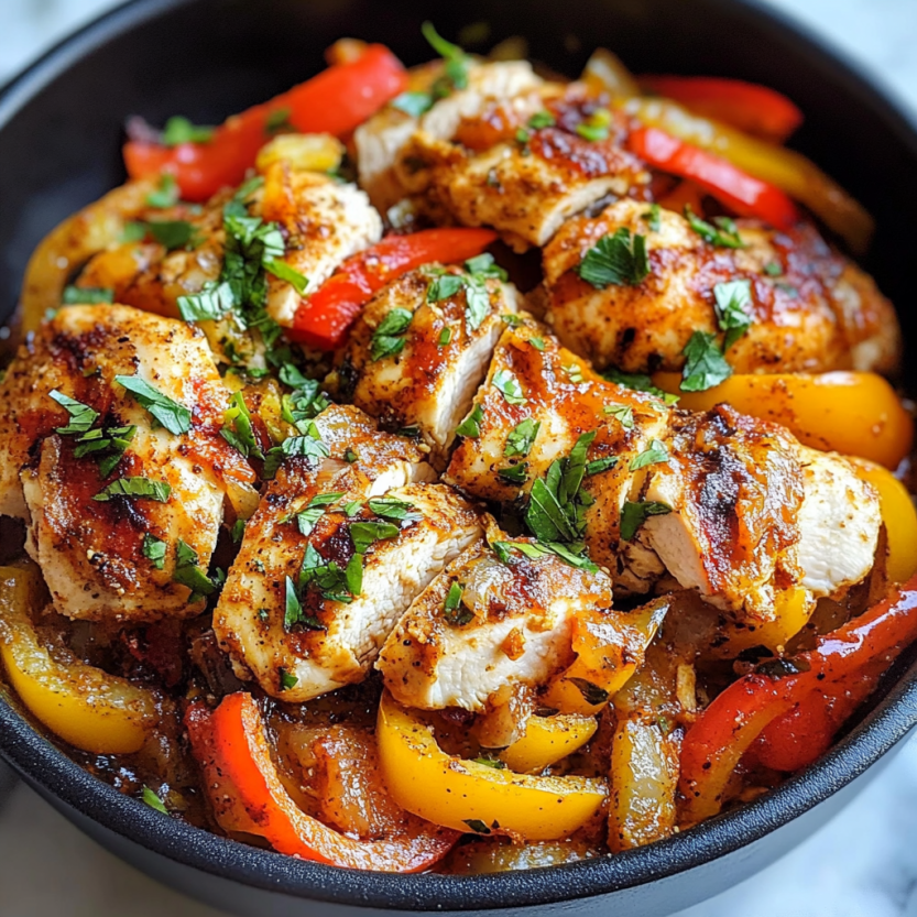 A plate with seared chicken and bell peppers.
