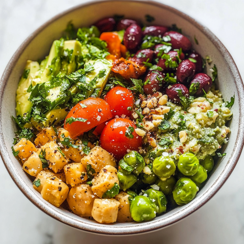 A bright salad bowl packed with fresh veggies like avocado, tomatoes, peas, and grapes.
