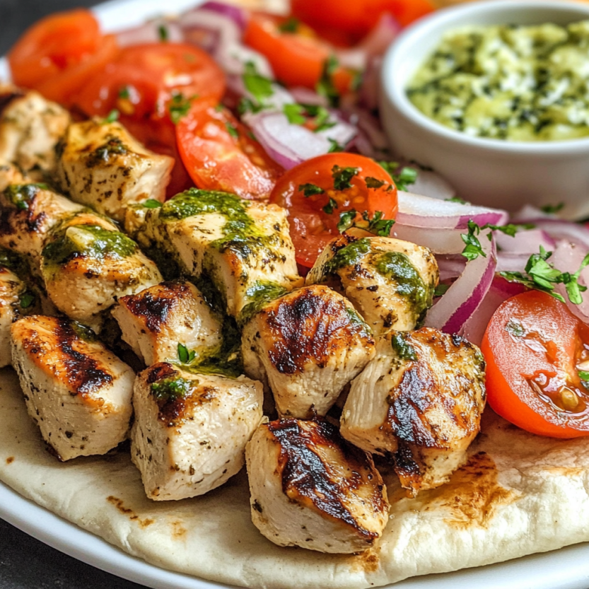 A plate loaded with chicken souvlaki and veggies.