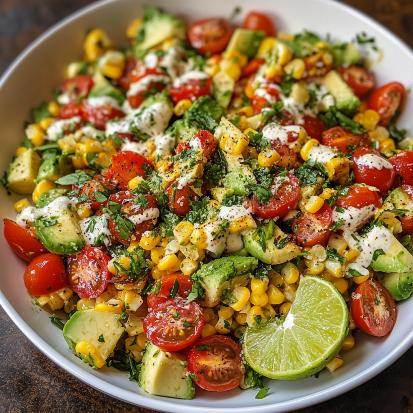 A mix of tomatoes, avocado, and corn with a creamy cilantro lime sauce.