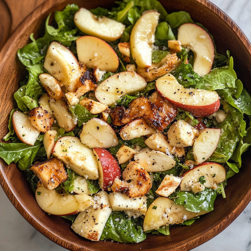 A bowl of greens and fruit with apple slices and lettuce leaves, all together in a wooden bowl.