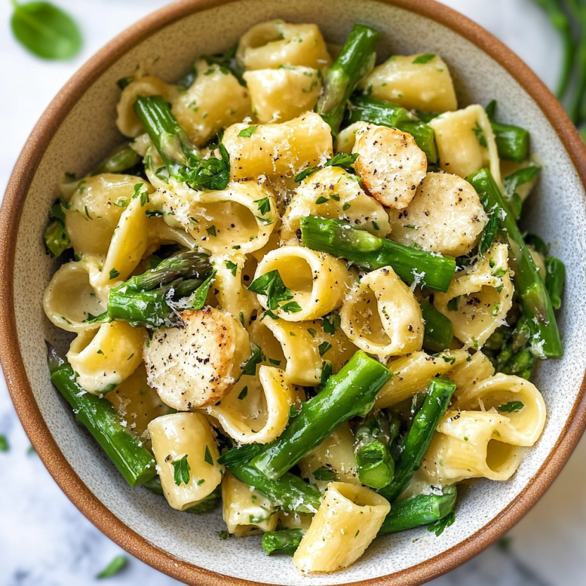 A single asparagus spear sits in a bowl of noodles.