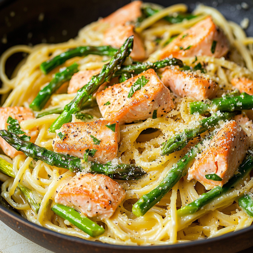 A plate of spaghetti, green veggies, and salmon pieces.