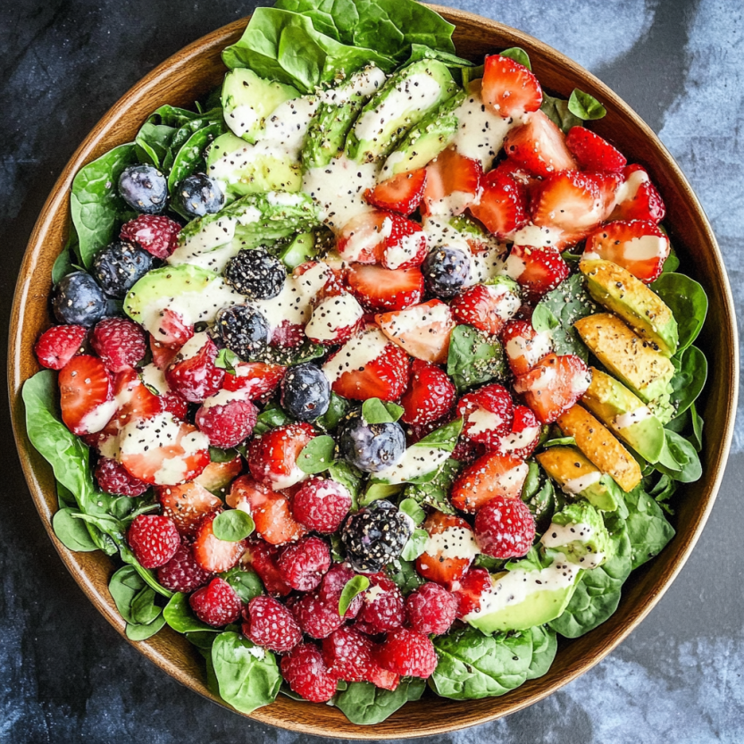 A bowl packed with spinach, berries, and bright fruit.