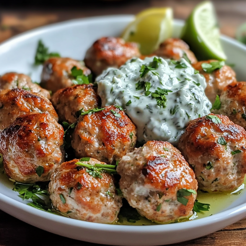 Serve up Greek Turkey Meatballs with Tzatziki on a plate.