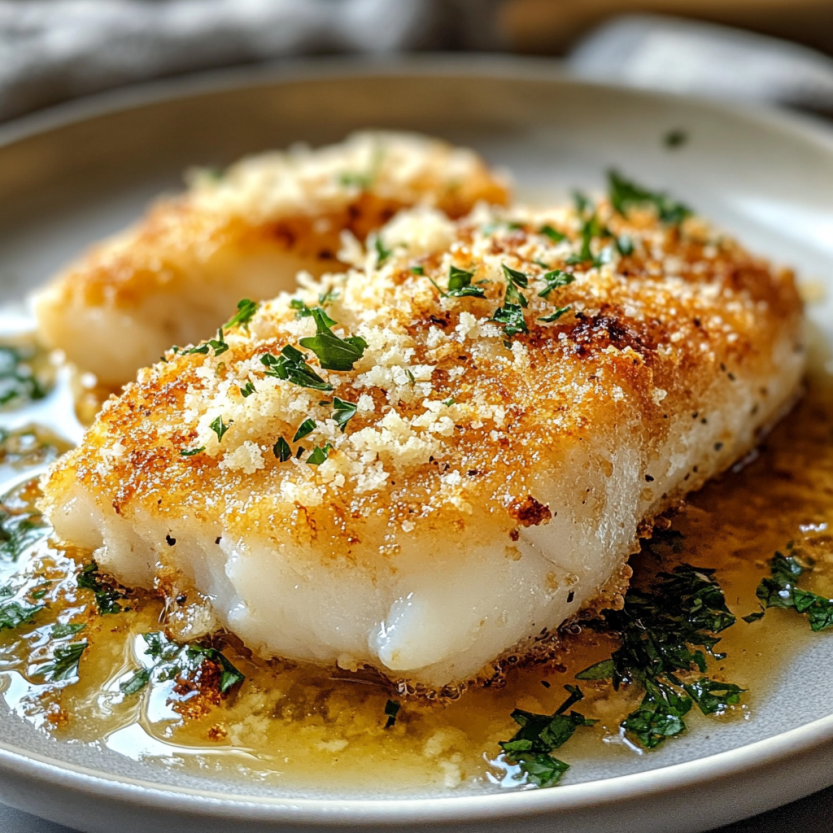 A piece of air-fried fish with parmesan on top.