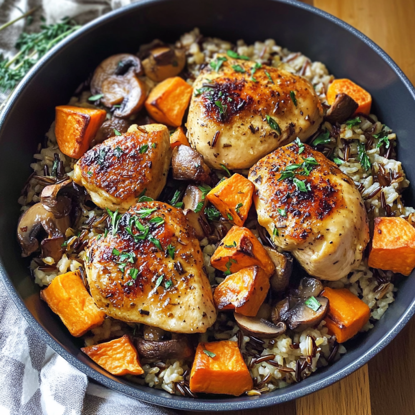 A plate filled with chicken, wild rice, roasted sweet potatoes, and mushrooms.