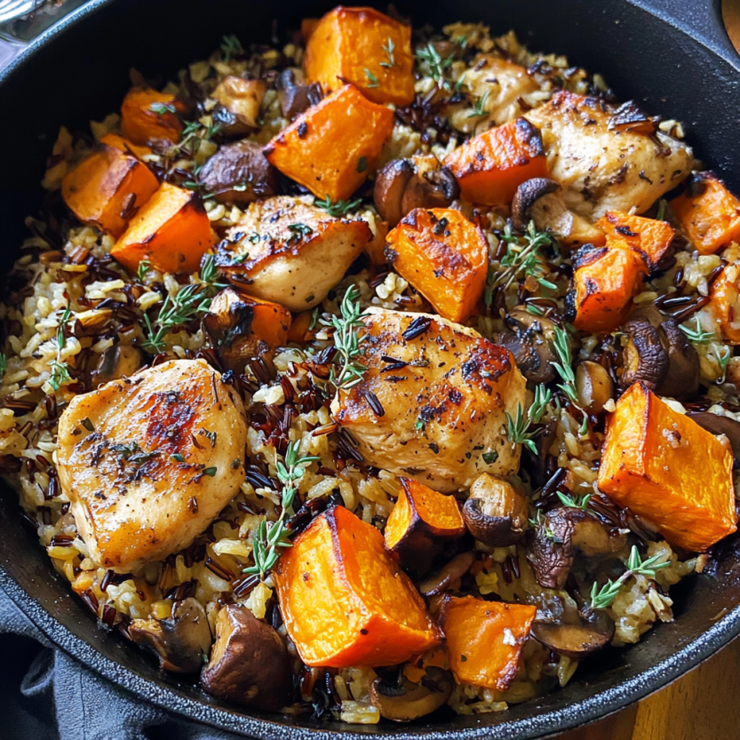 A casserole of chicken and wild rice with roasted sweet potatoes and mushrooms.