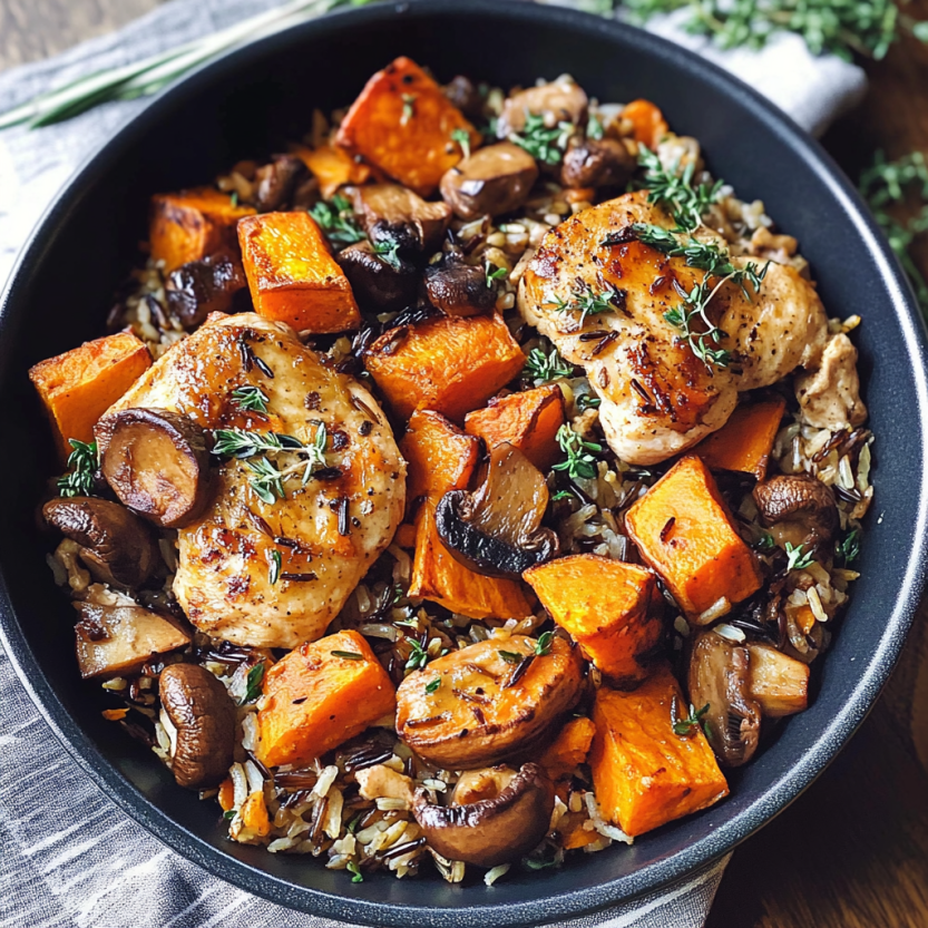 A serving of chicken and wild rice with roasted sweet potatoes and mushrooms.