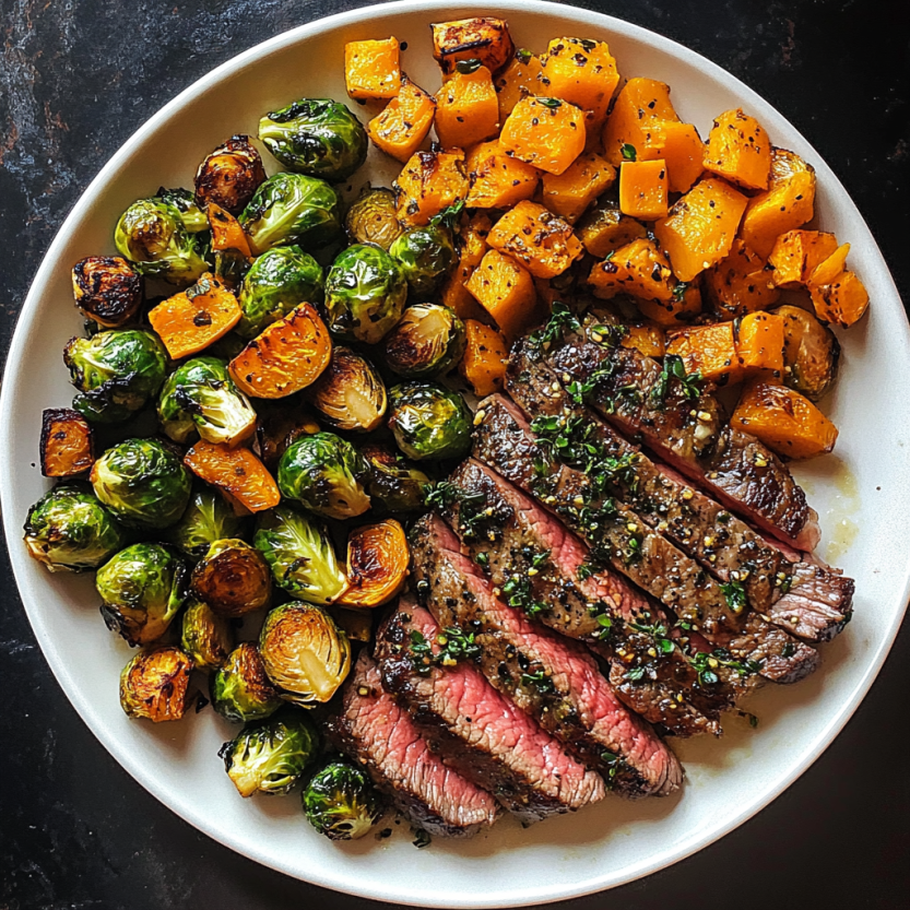 Grilled beef with green veggies and squash on a plate.