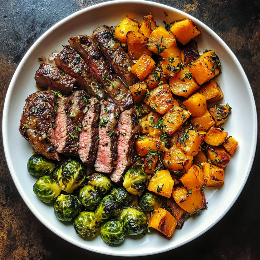 Assiette de bœuf grillé avec brussels sprouts et courgettes.