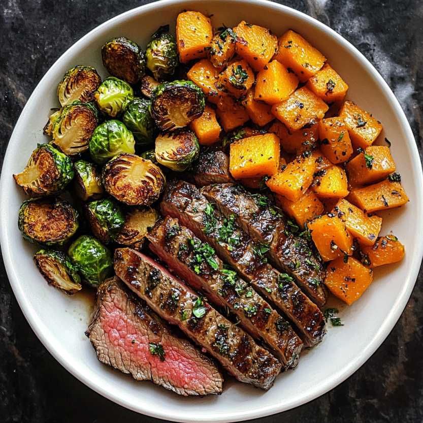Assiette de bœuf grillé accompagnée de légumes verts et de courgettes.