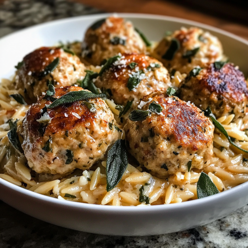 A plate filled with chicken meatballs packed with herbs and sauce, all cozied up on soft orzo pasta.
