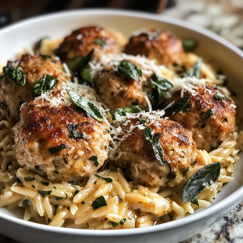 Une assiette de boulettes de poulet farcies de sage et de Parmesan, accompagnées de pâtes orzo.