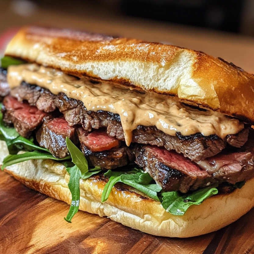 Steak sandwich with veggies and a garlicky sauce.