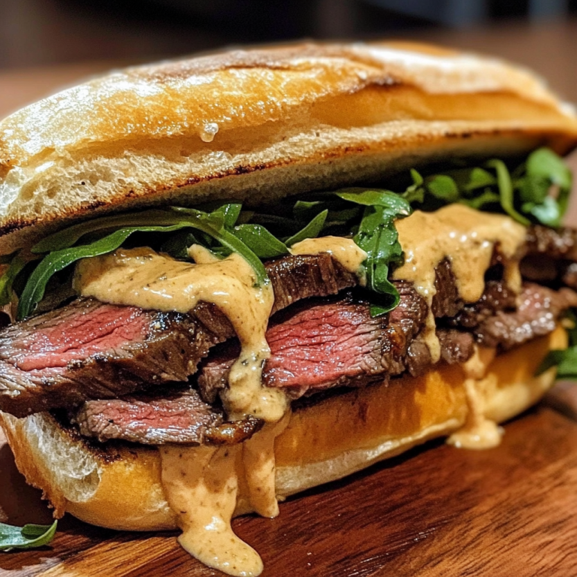 A steak sandwich loaded with veggies and garlicky sauce.