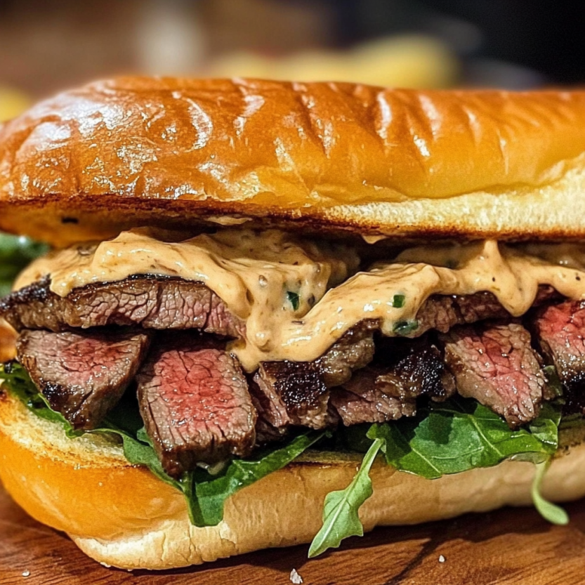A steak sandwich with garlicky aioli.