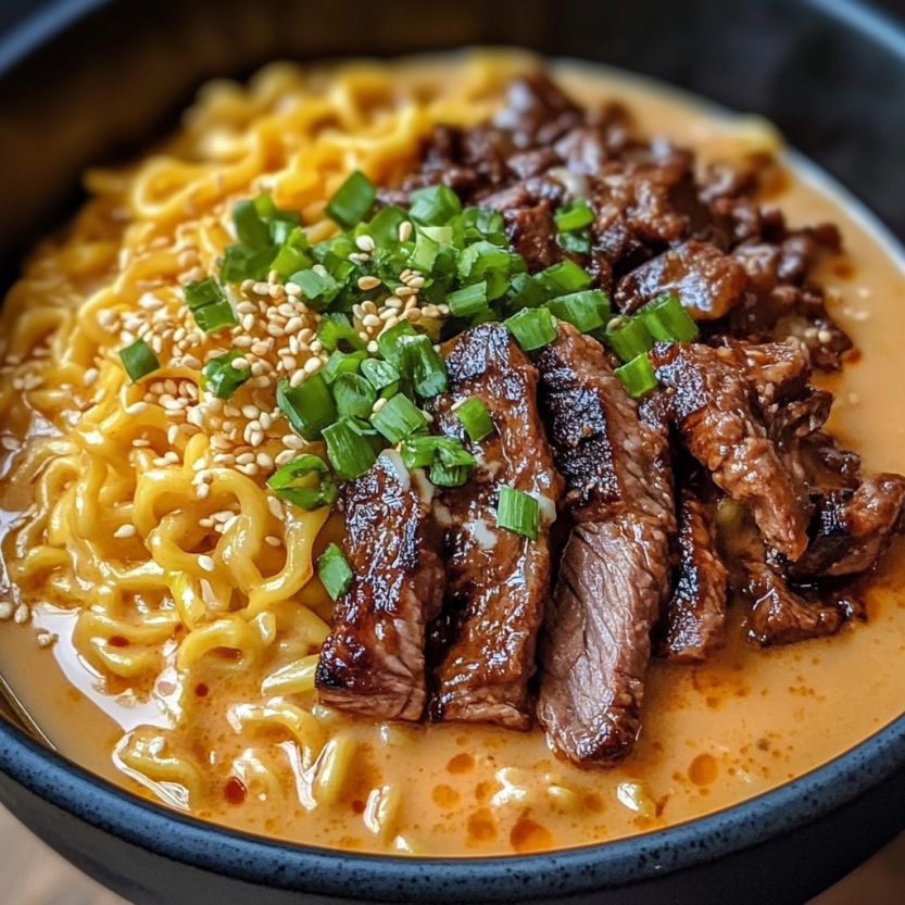 A bowl packed with spicy Korean ramen, seared beef strips, and a creamy sauce swirled over the top.