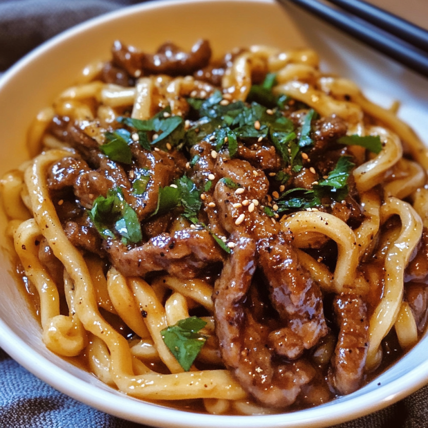 A plate piled high with beefy black pepper udon noodles.