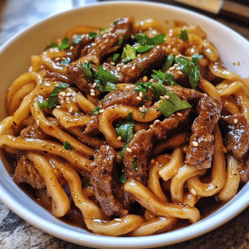 A bowl holding beefy black pepper noodles, ready to eat.