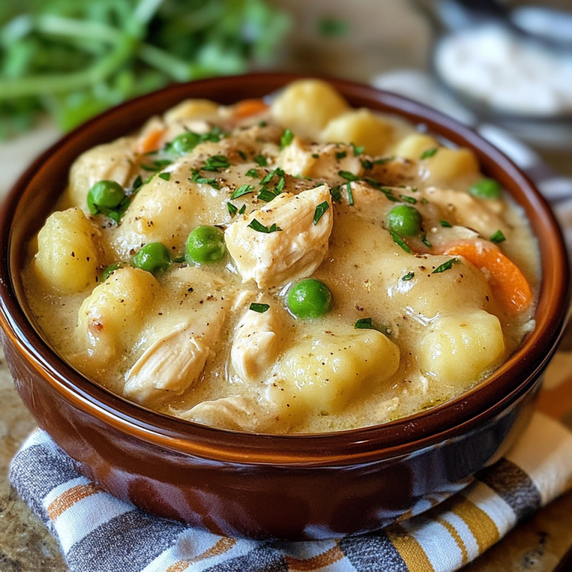 A bowl full of chicken and gnocchi soup.