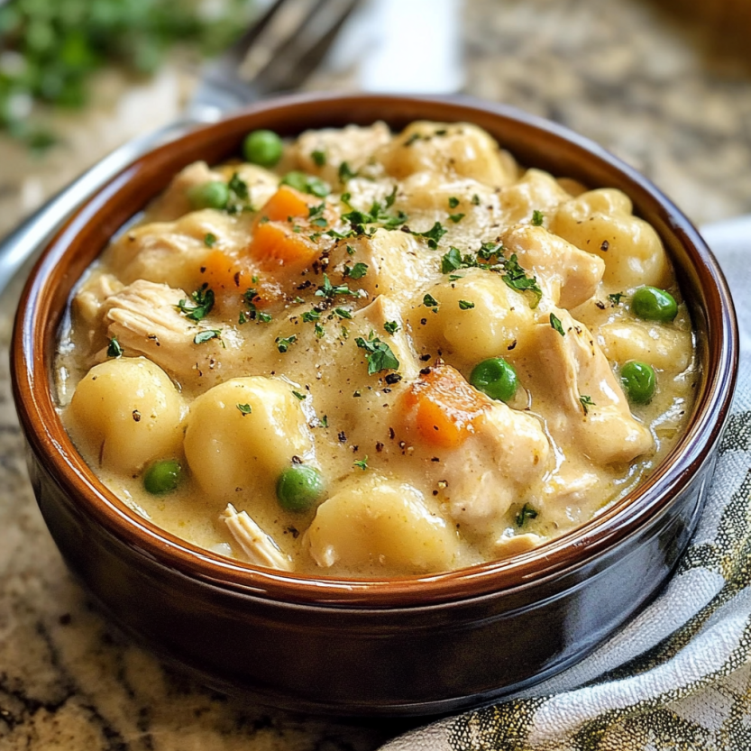 Un pot de gnocchi chicken pot pie.
