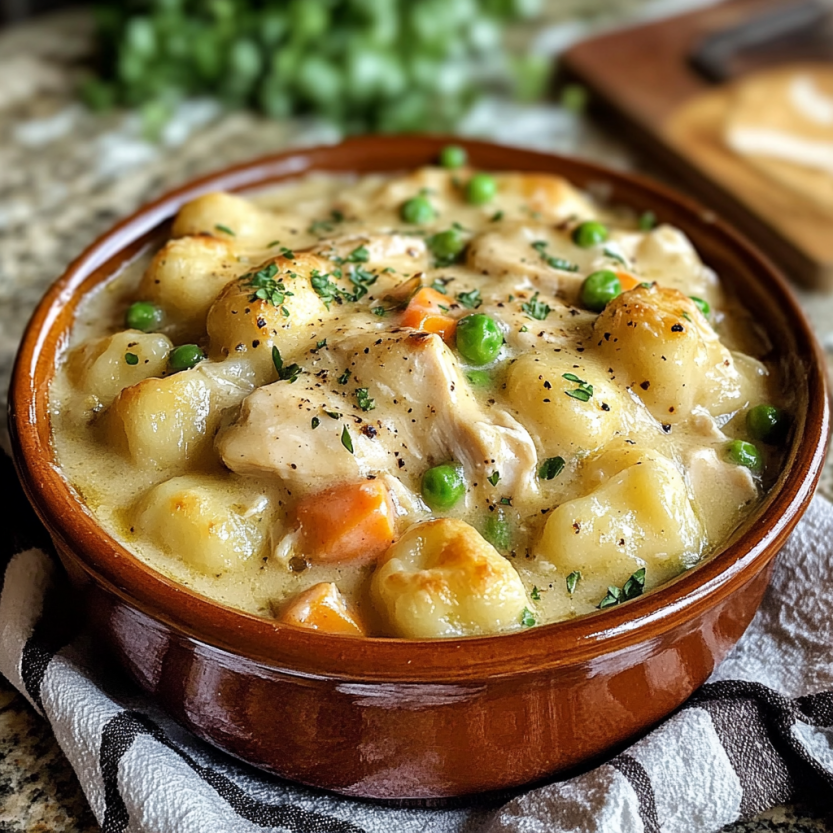 Une assiette de gnocchi chicken pot pie.