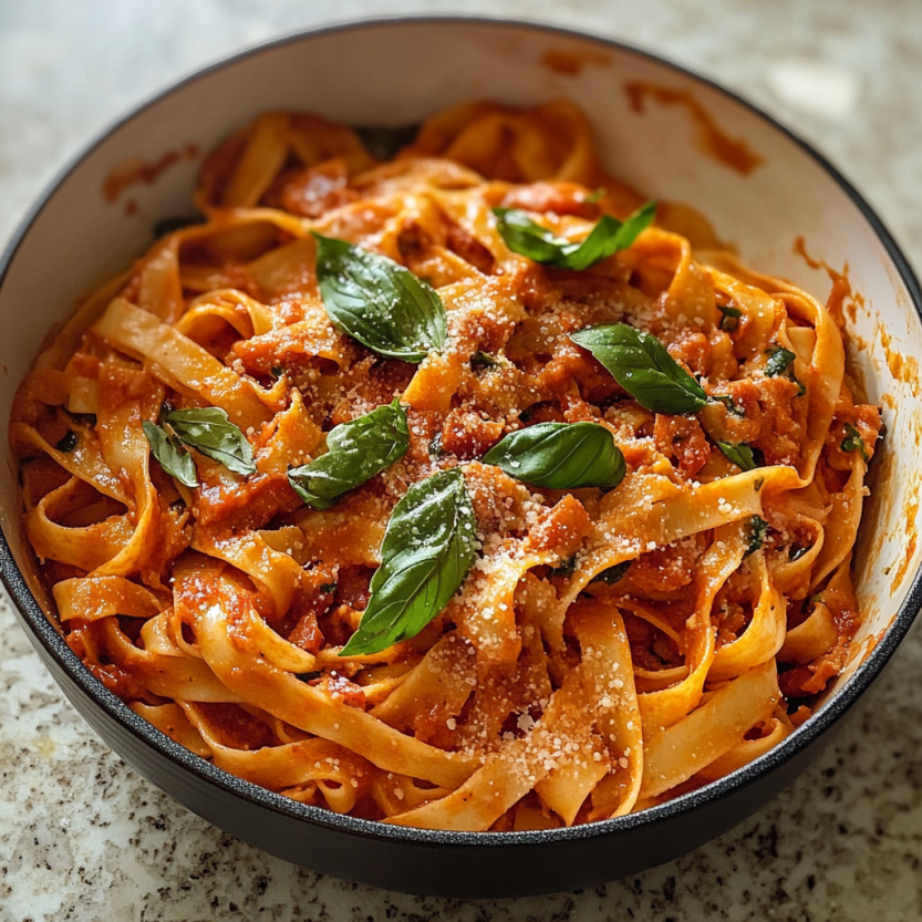 A plate of tagliatelle with herbs, pancetta, and melted mozzarella.