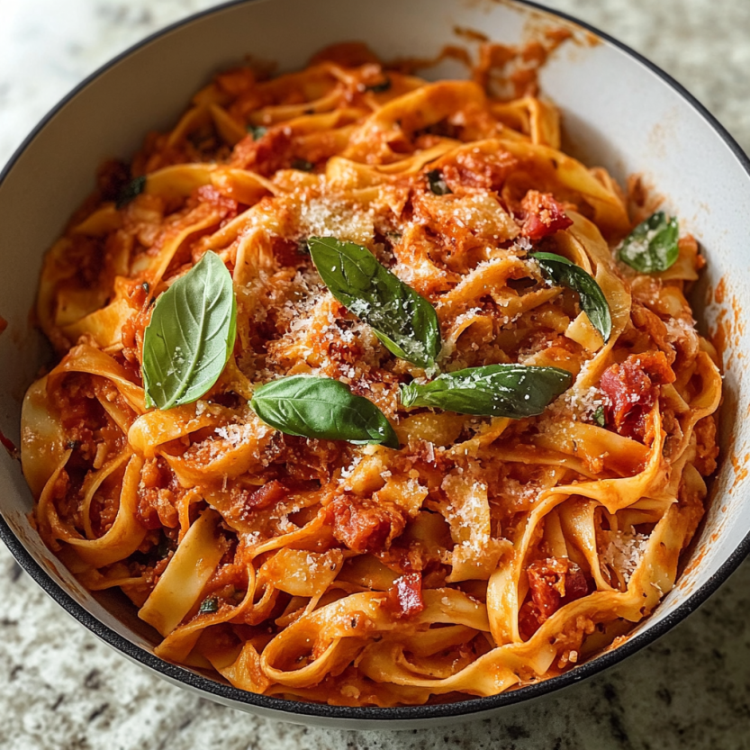 A plate of tagliatelle with herbs and cheeses.