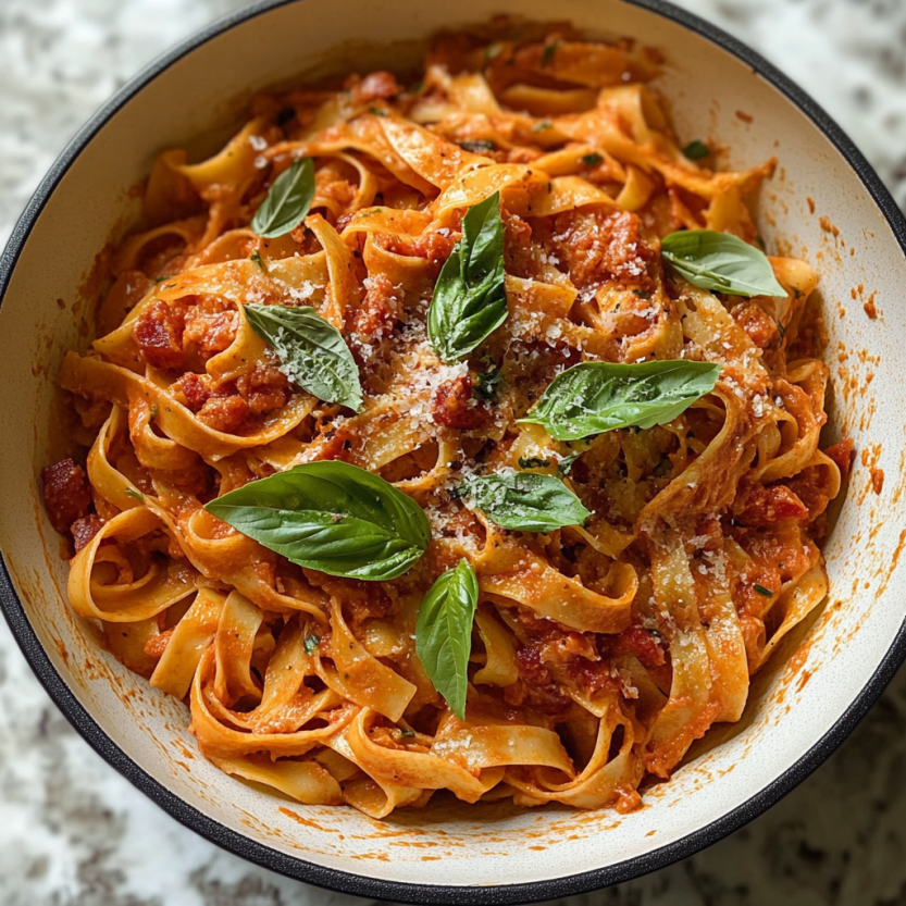 A plate of tagliatelle with herbs, bacon, and mozzarella.