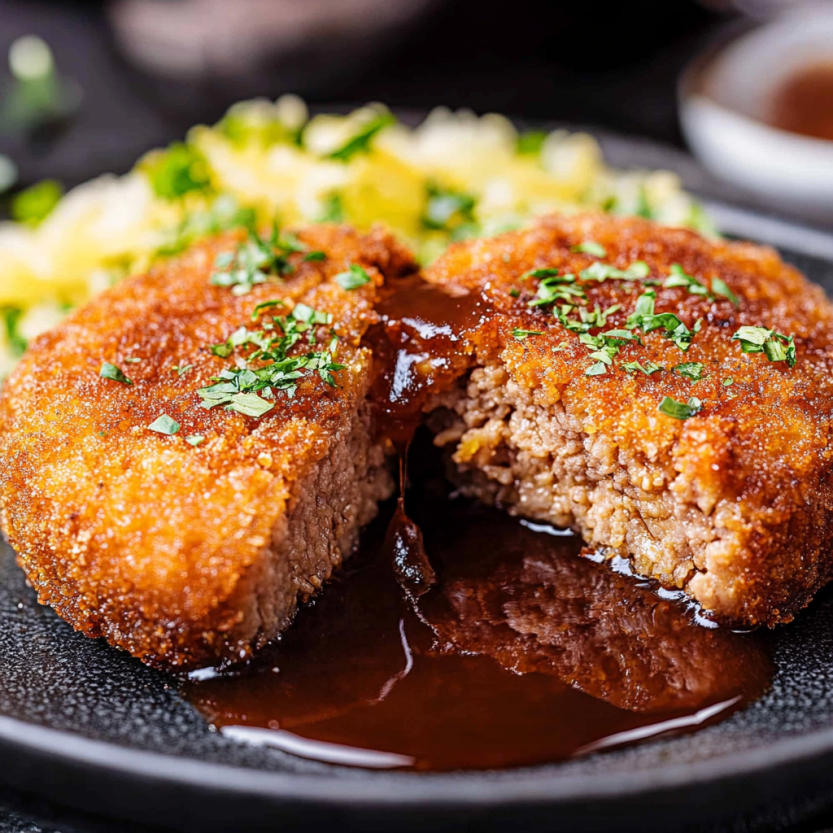 A photo showing Menchi Katsu (Japanese ground meat cutlet) on a black tray with sauce on the side.
