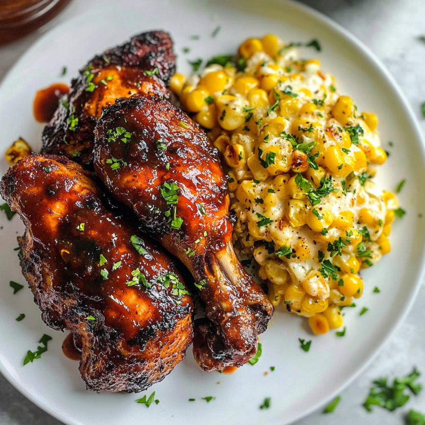 A plate stacked with grilled chicken and smoky grilled corn on the side.