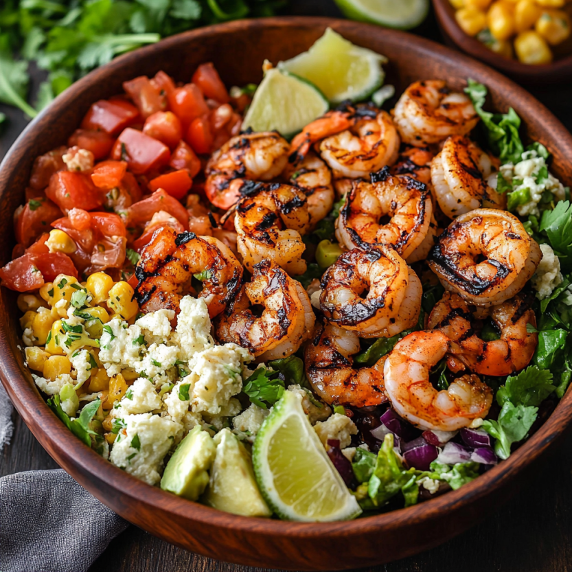 A big bowl of grilled Mexican shrimp with a colorful veggie mix.