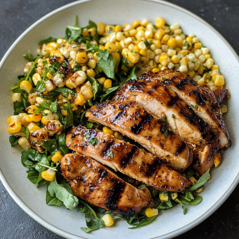 A picture showing grilled chicken next to a bright corn salad.