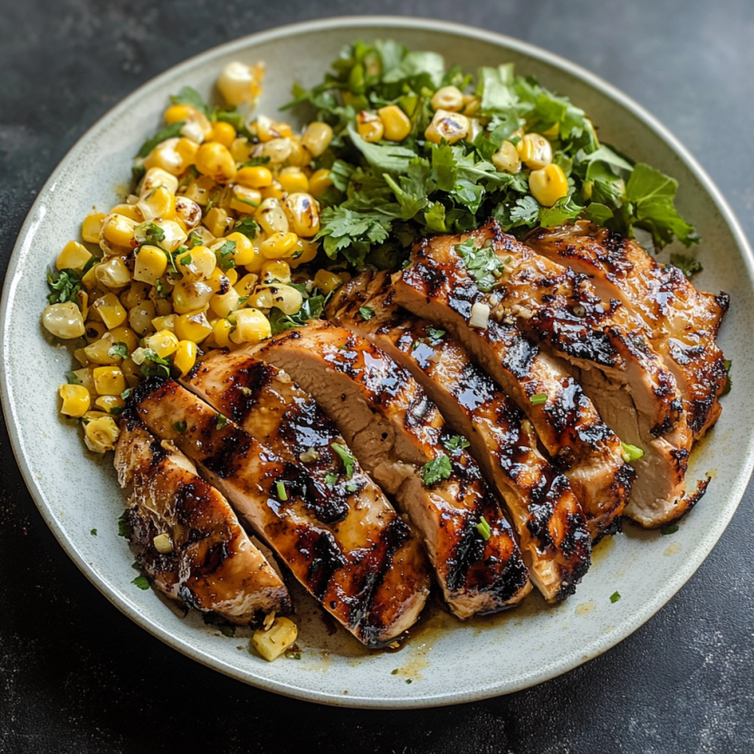 A shot of grilled chicken stacked up next to a sweet corn salad.