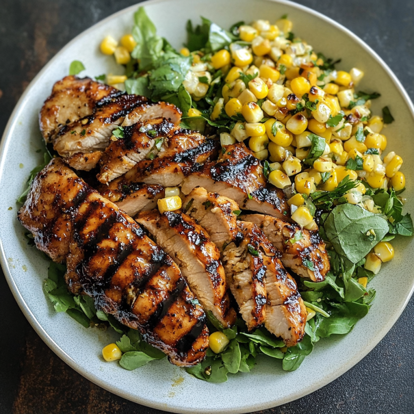 Grilled corn salad with bright green herbs and veggies all around.