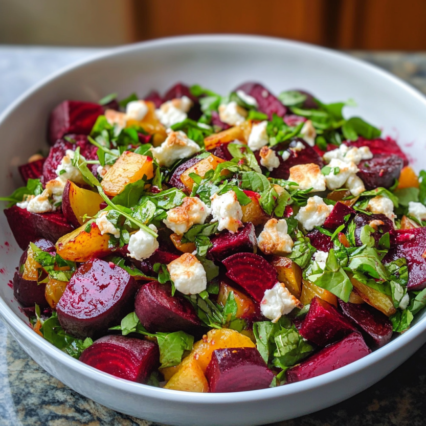 A salad of roasted beets with chèvre goat cheese and fresh greens.