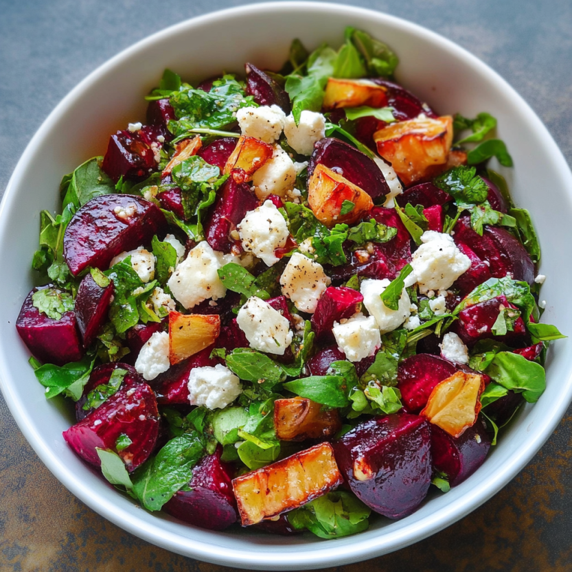 A salad with roasted beets and goat cheese.