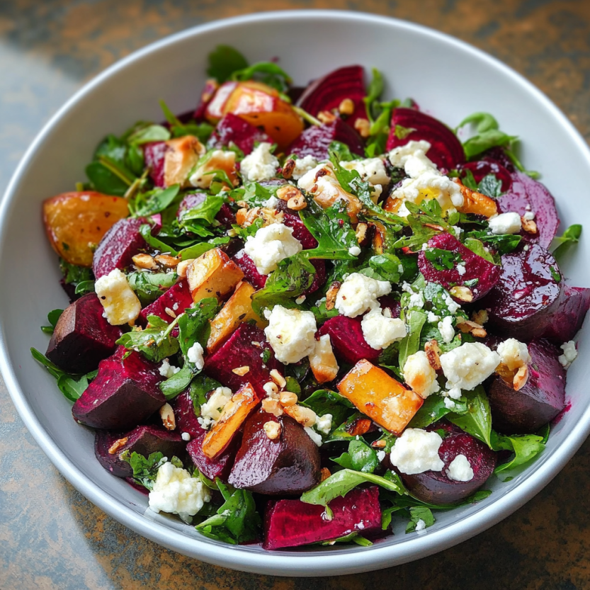A salad of roasted beets with spinach, chèvre-style cheese, and feta crumbles.