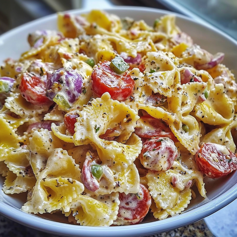 A bowl of Italian pasta salad with tomatoes, peppers, and cheese.