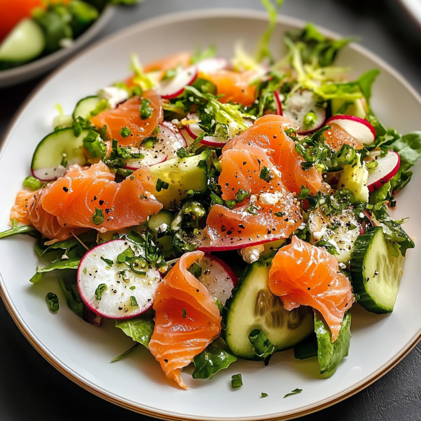 A plate of smoked salmon salad.