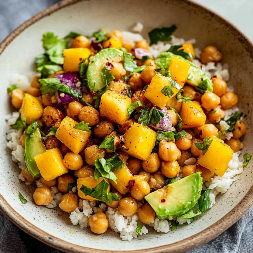 A bowl of mango chickpea salad.
