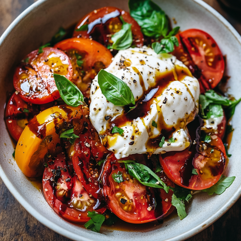 A bowl of marinated tomato and burrata salad with balsamic glaze.