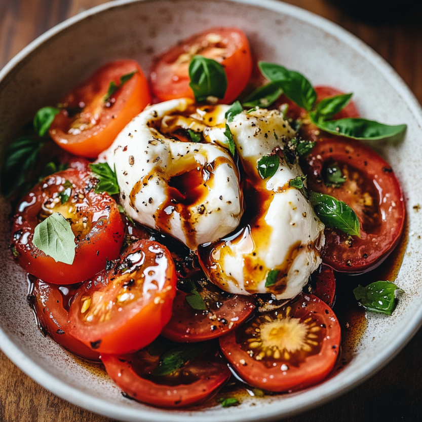A bowl of marinated tomatoes and burrata salad with balsamic glaze.