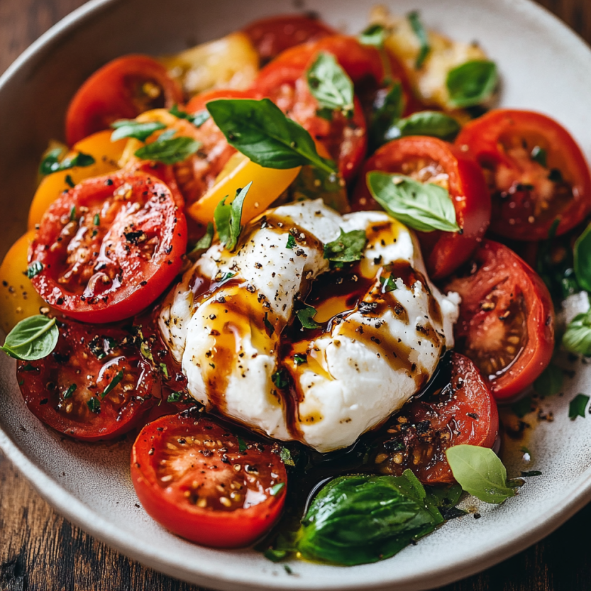 A bowl of marinated tomatoes and burrata salad with balsamic glaze.