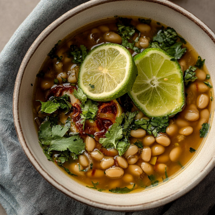A bowl of soup with limes and beans.