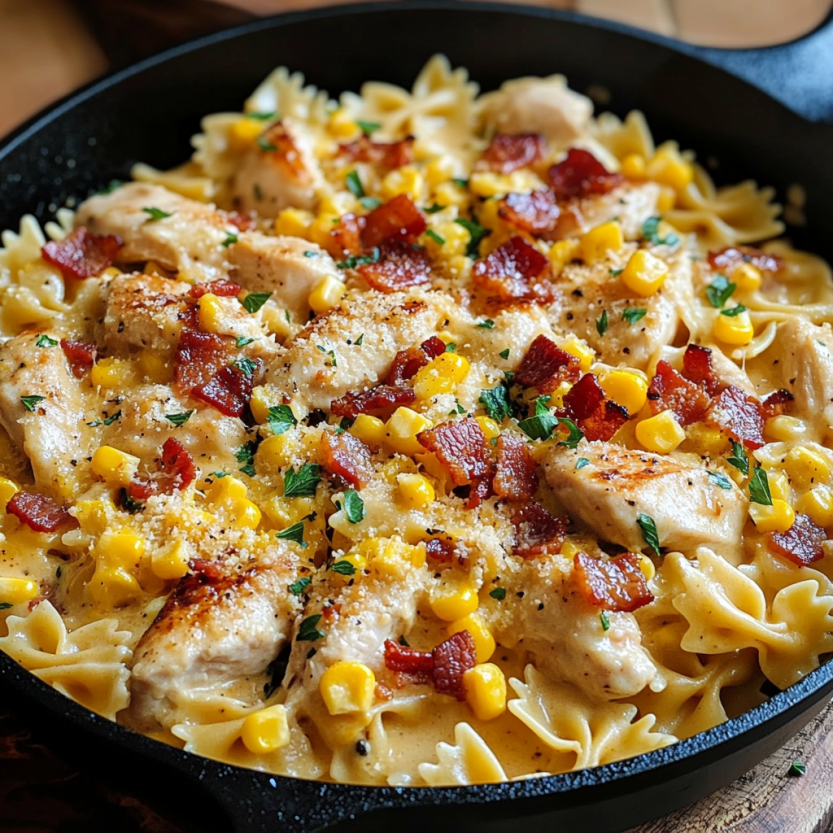 A delicious creamy chicken corn pasta bacon dish.