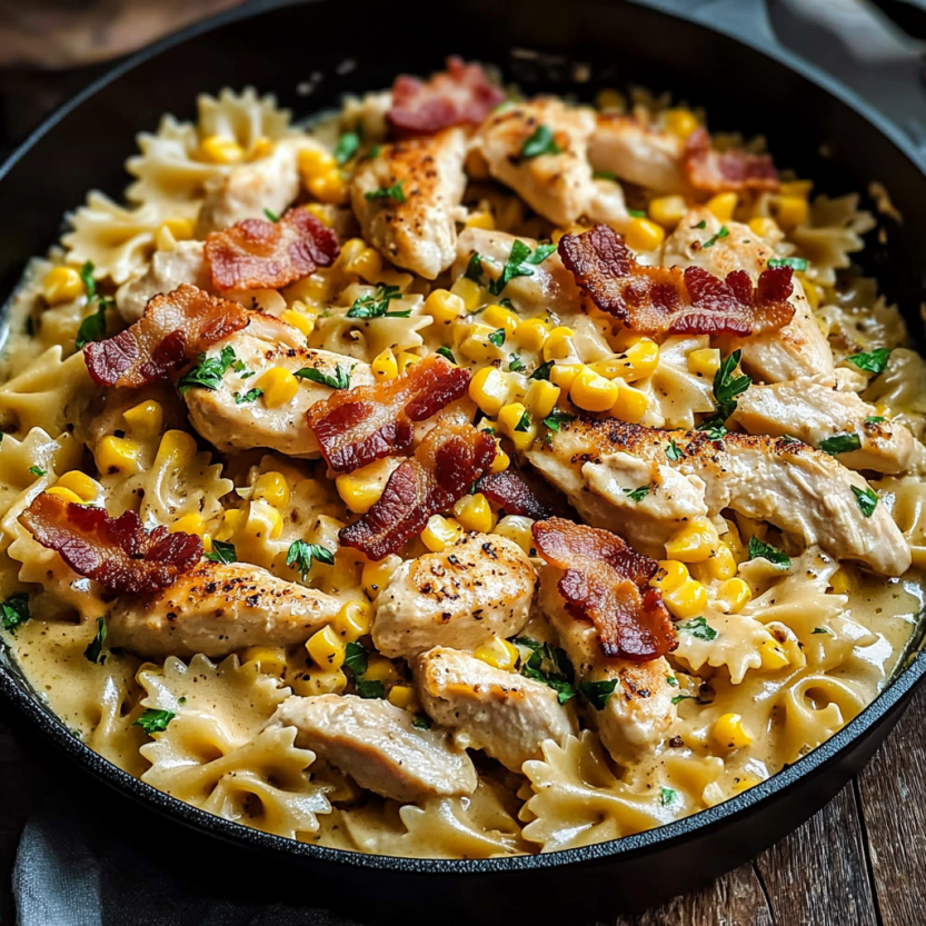 A dish of creamy chicken, corn, and bacon pasta.
