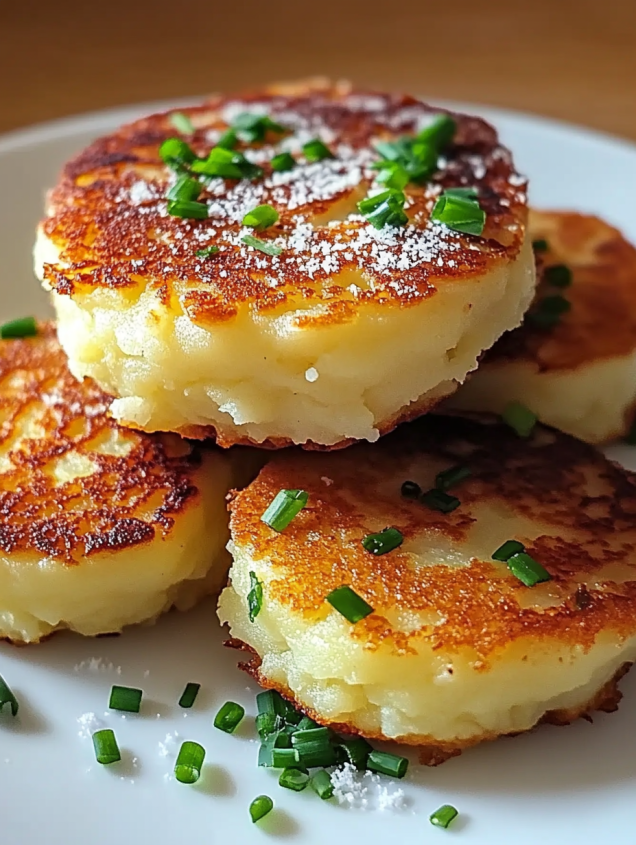 Mashed potato pancakes with parmesan cheese.