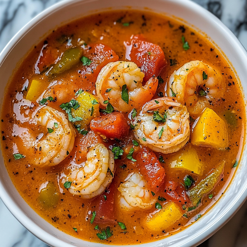 A bowl of tomato and shrimp stew.